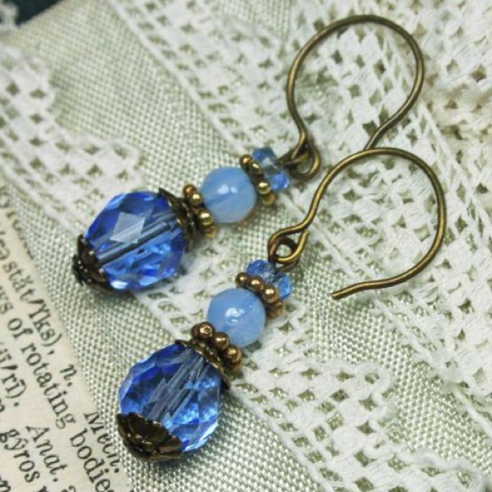 Handmade Blue Beaded Earrings Antique Style
